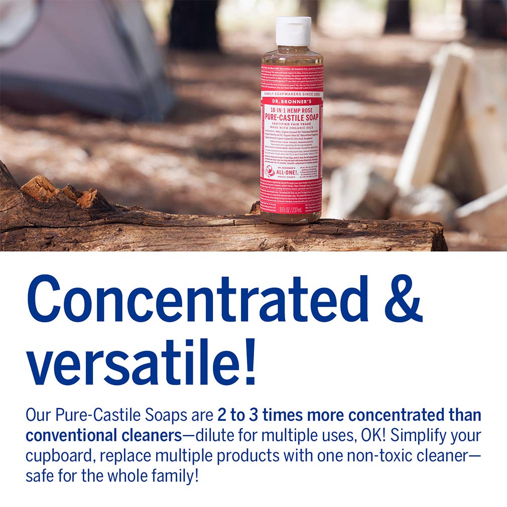 Dr. Bronner’s - Pure-Castile Liquid Soap (Rose) - Made with Organic Oils, 18-in-1 Uses: Face, Body, Hair, Laundry, Pets & Dishes, Concentrated, Vegan, Non-GMO (8 Fl Oz)
